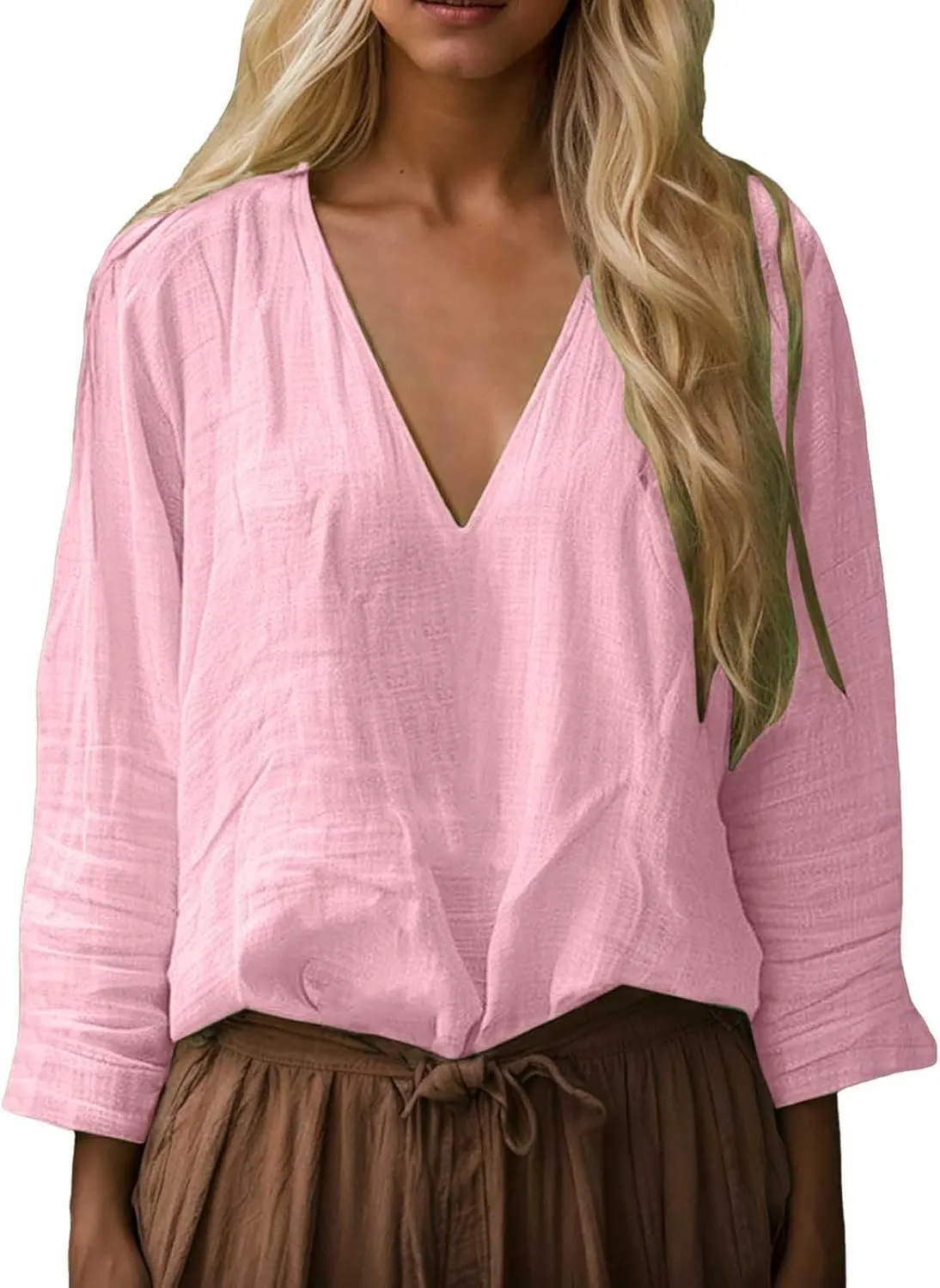 Boho Tops for Women Retro Embroidered 3/4 Sleeve Boho Tops Cotton Linen Hawaiian Shirts Resort Wear Beach Clothes