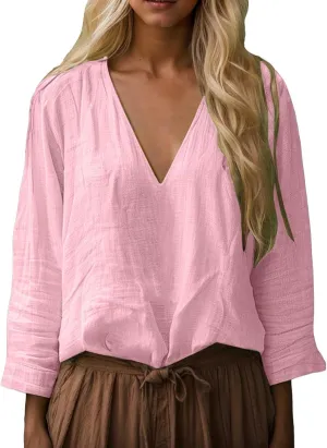 Boho Tops for Women Retro Embroidered 3/4 Sleeve Boho Tops Cotton Linen Hawaiian Shirts Resort Wear Beach Clothes