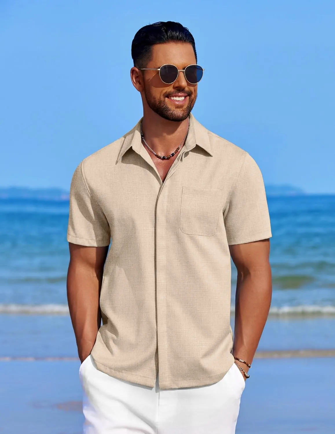 COOFANDY Mens Linen Shirt Casual Short Sleeve Button Down Shirt Summer Beach Vacation Wedding Wear