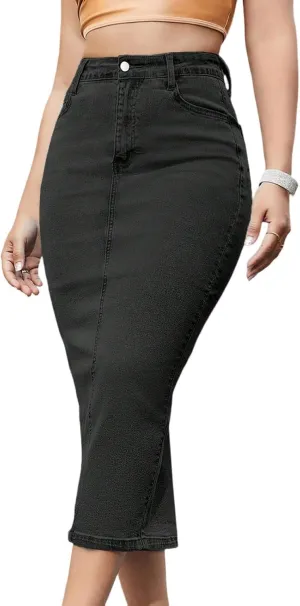 fanmpghleoo Long Jean Skirt for Women Denim Sexy Curvy High Waisted Pencil Skirts Stretchy Back Slit Fishtail Midi Skirts