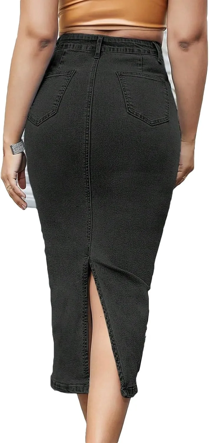 fanmpghleoo Long Jean Skirt for Women Denim Sexy Curvy High Waisted Pencil Skirts Stretchy Back Slit Fishtail Midi Skirts