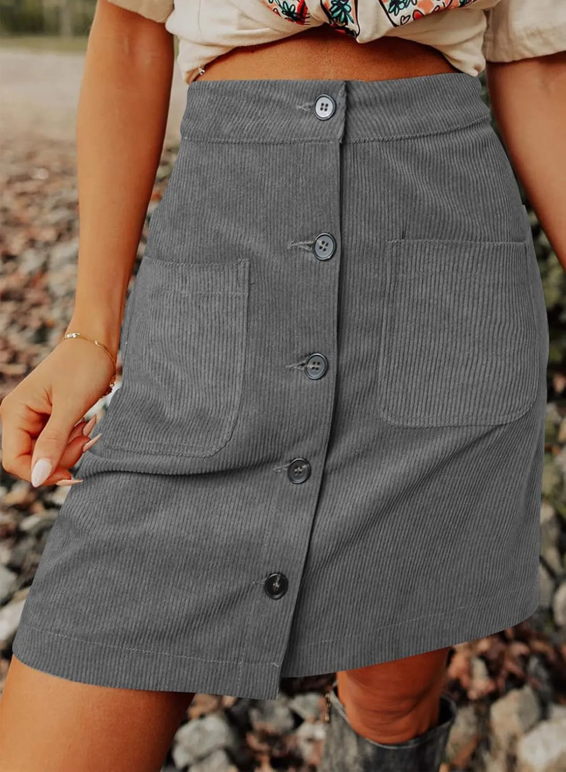 Happy Sailed Womens Corduroy Skirts Spring Winter High Waist Button Down A-line Short Mini Skirt with Pockets