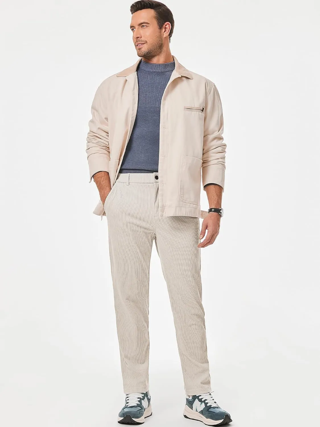 JMIERR Mens Casual Corduroy Pants Flat Front Elastic Waistband Stretch Straight Leg Slim Fit Dress Pant with Pockets