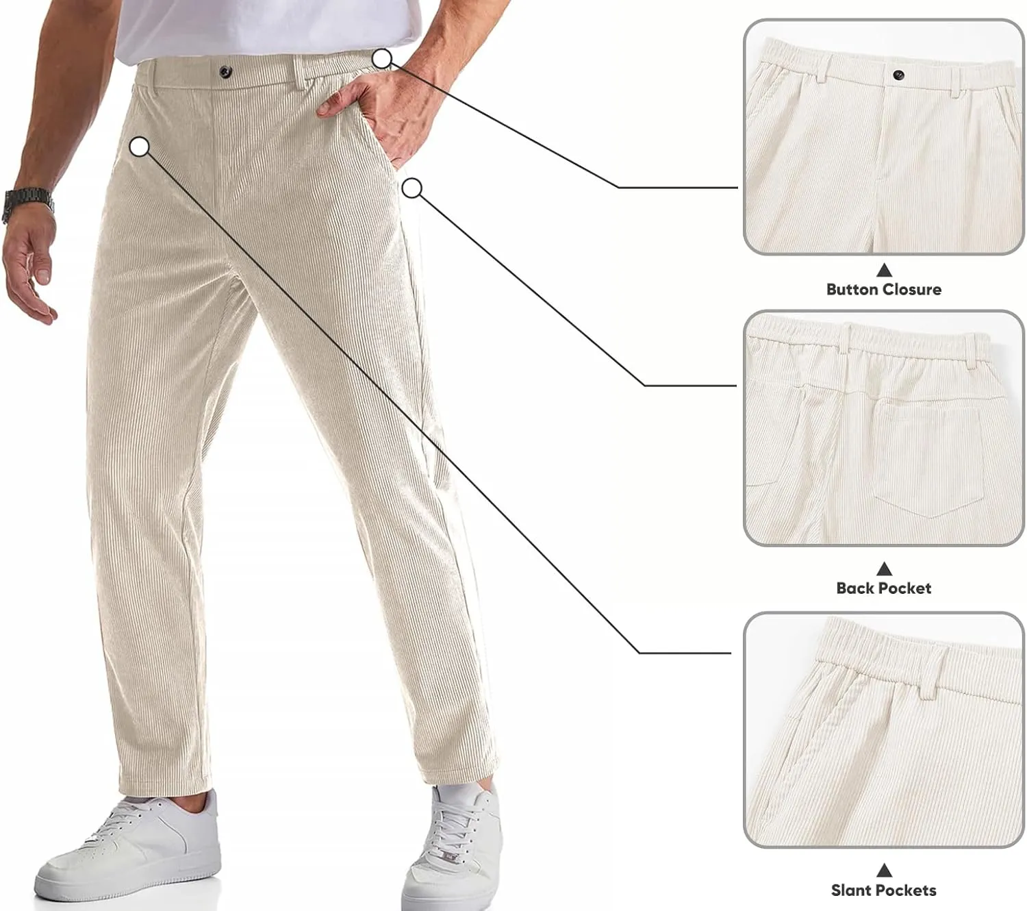 JMIERR Mens Casual Corduroy Pants Flat Front Elastic Waistband Stretch Straight Leg Slim Fit Dress Pant with Pockets