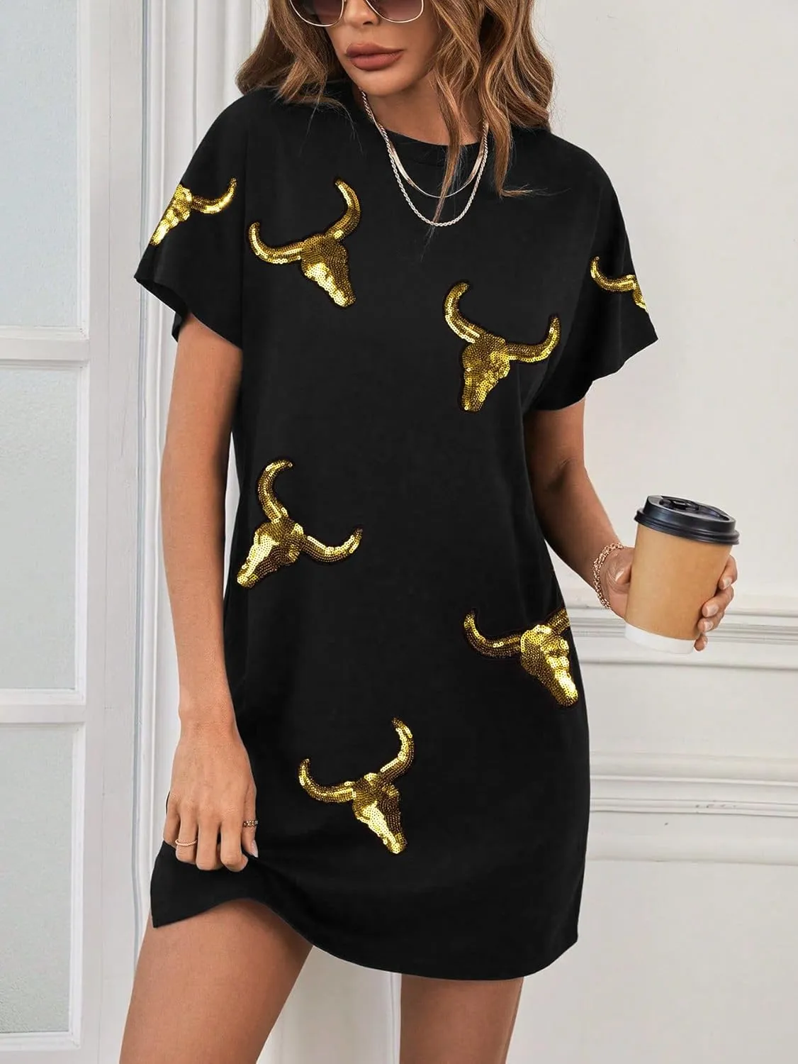 LUKYCILD Western Tshirt Dress Women Sequin Dress Cowgirl Graphic Mini Tee Shirt Dress Casual Summer Short Sleeve Dress