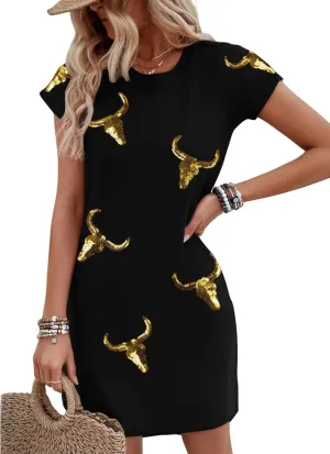 LUKYCILD Western Tshirt Dress Women Sequin Dress Cowgirl Graphic Mini Tee Shirt Dress Casual Summer Short Sleeve Dress