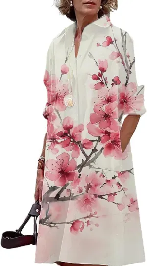 MARSVOVO Womens Shirt Dress Flower Print Long Sleeve Slim Retro Oil Painting Style Button Down A-line Midi Shirt Dress