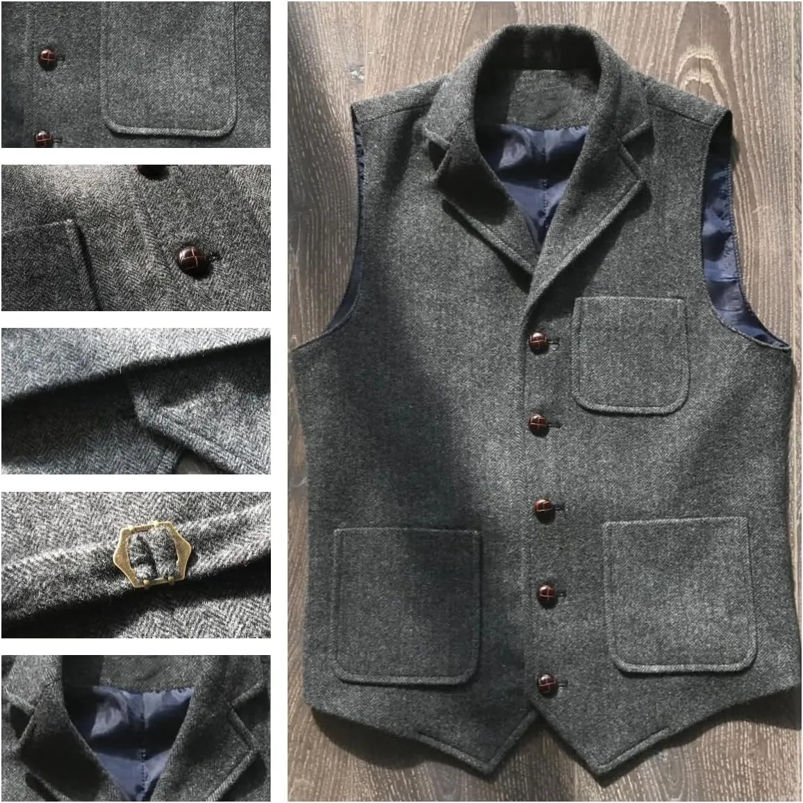 Mens Retro Suit Vest Tweed Wool Regular Fit Dress Waistcoat Herringbone for Jacket