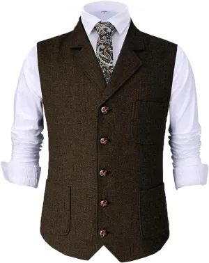 Mens Retro Suit Vest Tweed Wool Regular Fit Dress Waistcoat Herringbone for Jacket