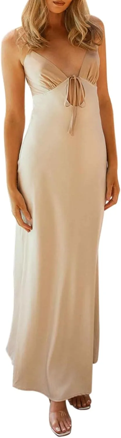 NUFIWI Women Spaghetti Strap Satin Maxi Dress V Neck Cutout Bodycon Long Dress Backless Party Cocktail Wedding Dress