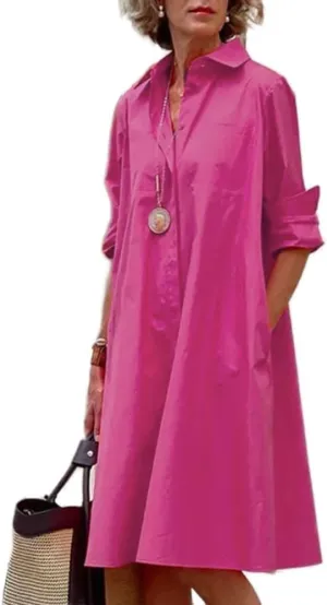 Shirt Dress for Women Casual Print Linen T Shirt Dress Summer V Neck Loose Long Sleeve Button Maxi Collared Dress