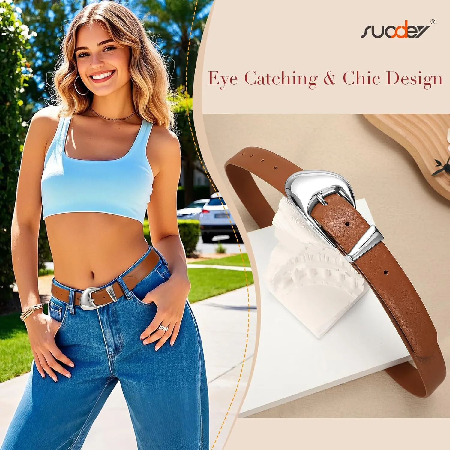 SUOSDEY Fashion Womens Leather Belt,Soft Leather Waist Belt with Silver Buckle for Ladies Jeans Pants Dresses,width 1.1"