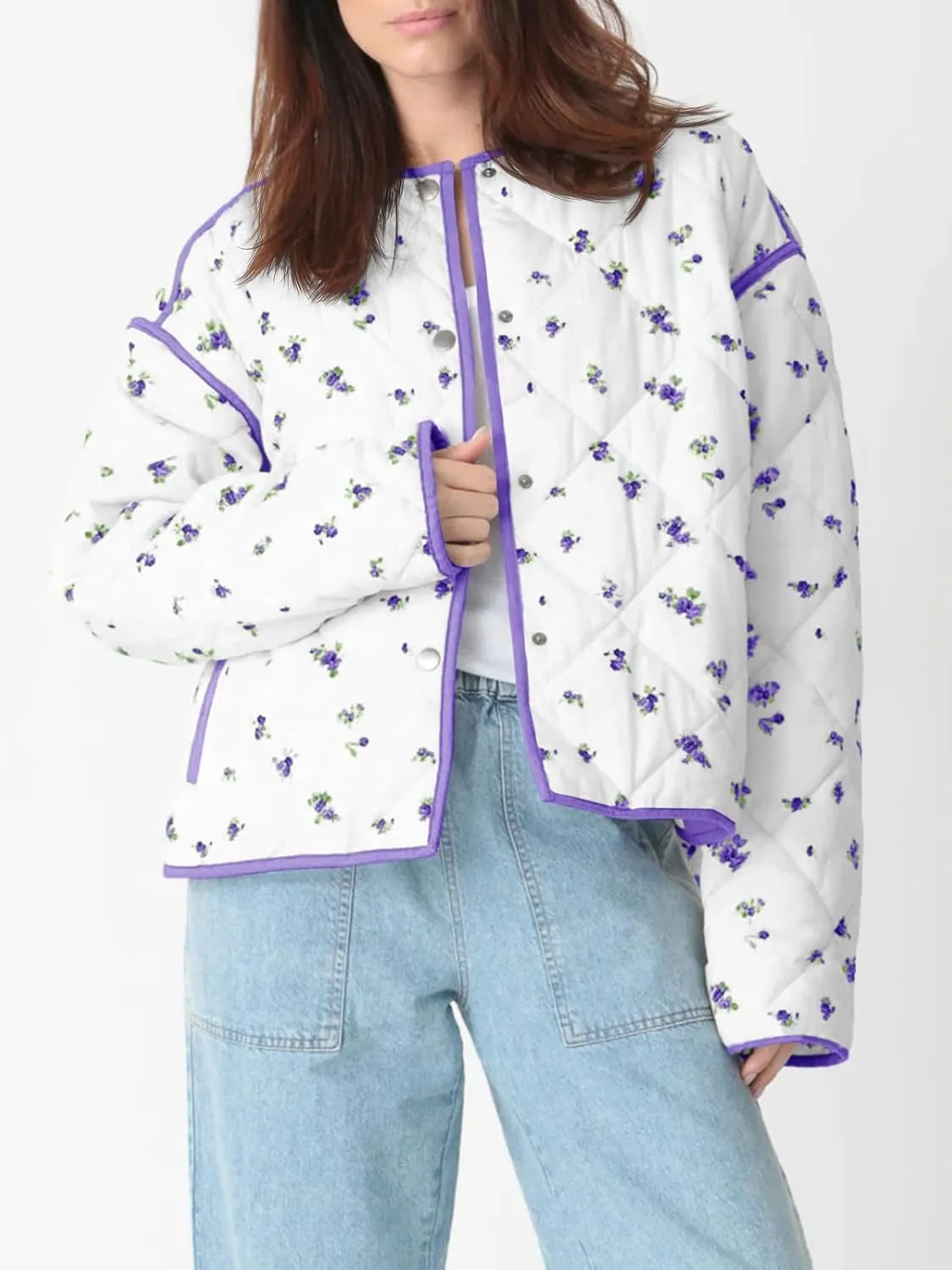 Tankaneo Womens Floral Cropped Quilted Jackets Lightweight Fall Casual Coats Color Block Printed Winter Outerwear