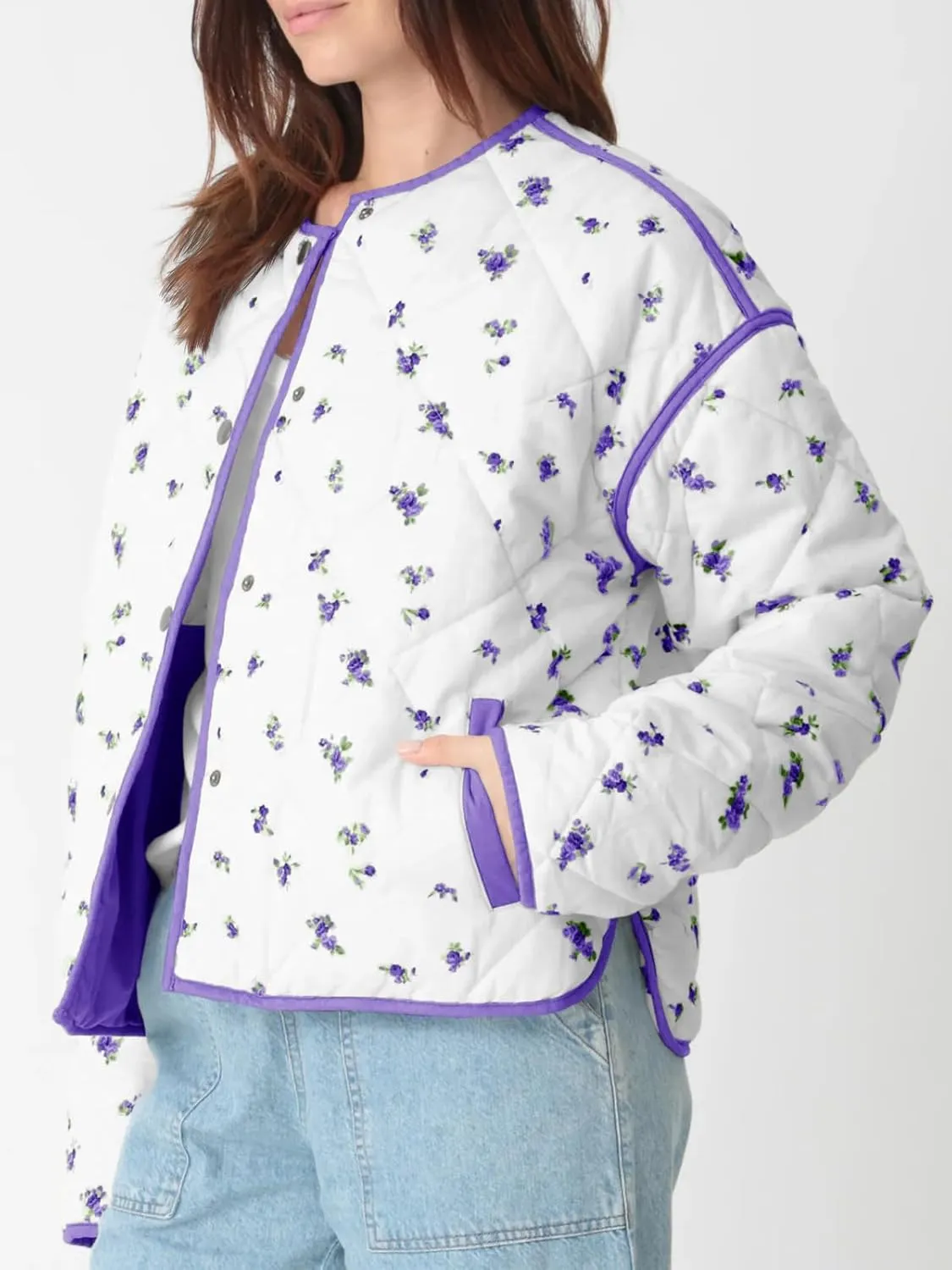 Tankaneo Womens Floral Cropped Quilted Jackets Lightweight Fall Casual Coats Color Block Printed Winter Outerwear