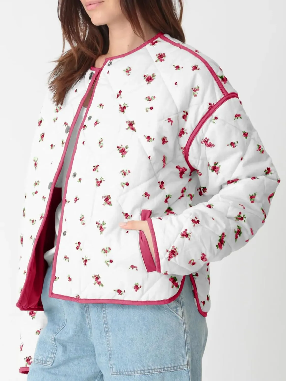 Tankaneo Womens Floral Cropped Quilted Jackets Lightweight Fall Casual Coats Color Block Printed Winter Outerwear
