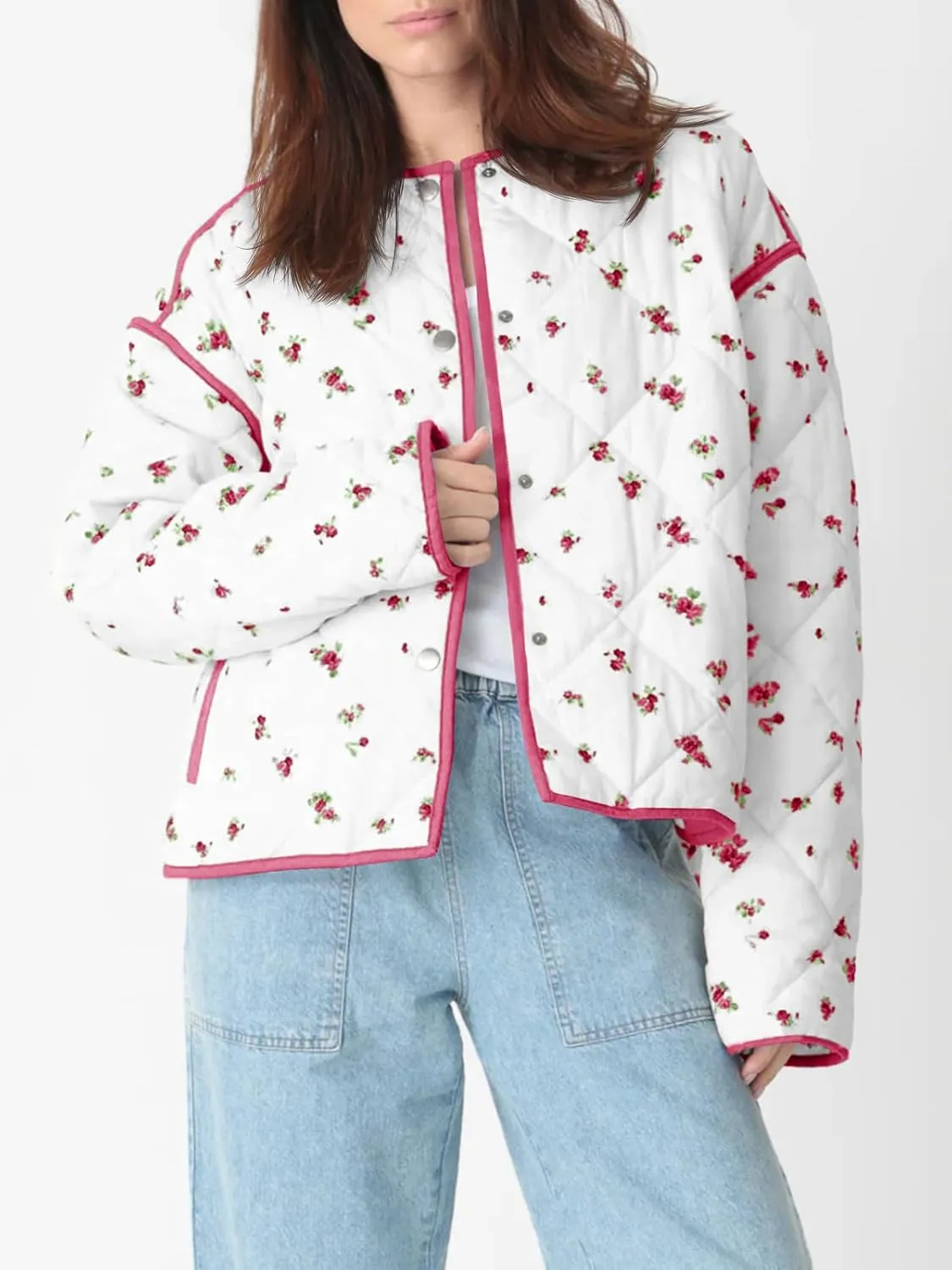 Tankaneo Womens Floral Cropped Quilted Jackets Lightweight Fall Casual Coats Color Block Printed Winter Outerwear