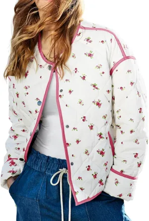 Tankaneo Womens Floral Cropped Quilted Jackets Lightweight Fall Casual Coats Color Block Printed Winter Outerwear