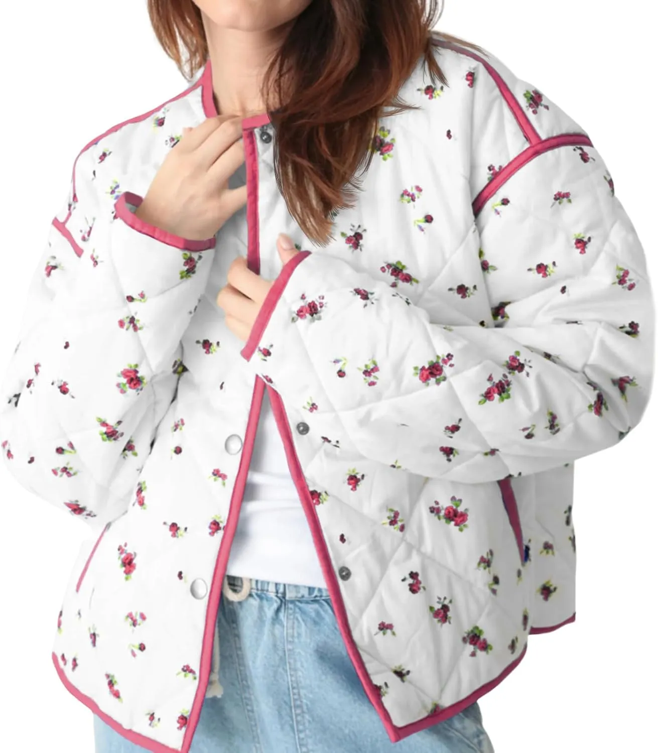 Tankaneo Womens Floral Cropped Quilted Jackets Lightweight Fall Casual Coats Color Block Printed Winter Outerwear