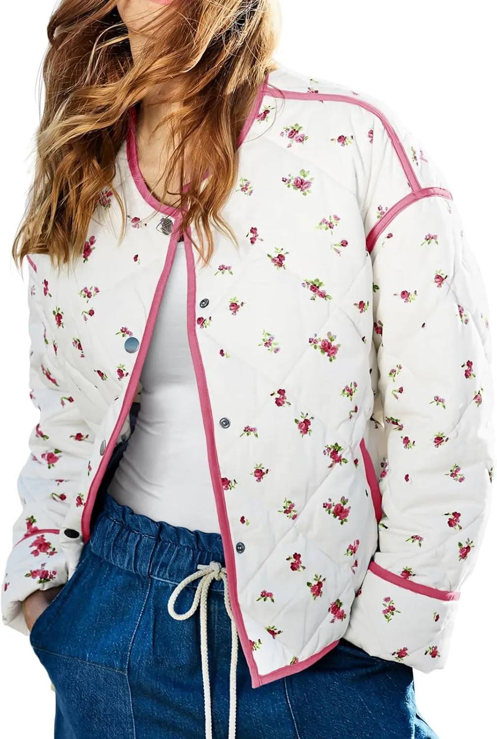 Tankaneo Womens Floral Cropped Quilted Jackets Lightweight Fall Casual Coats Color Block Printed Winter Outerwear