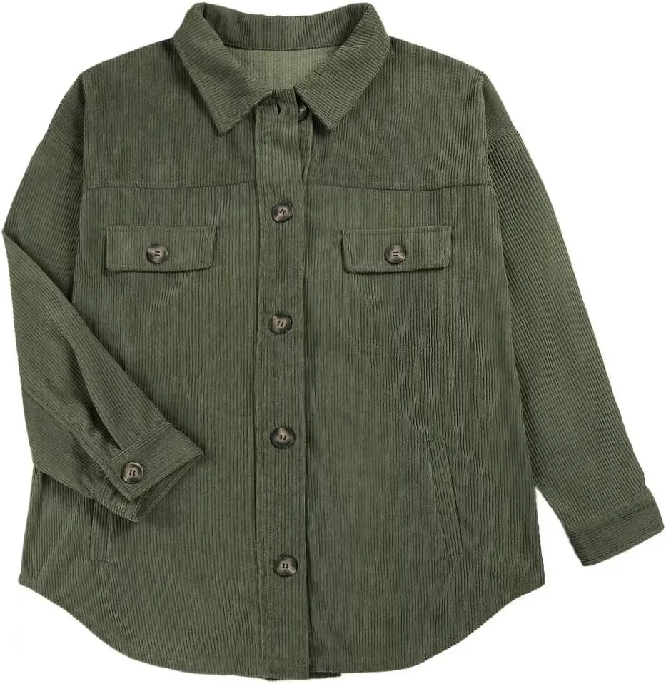 VICHYIE Womens Corduroy Shacket Blouses Button Down Shirts Pocket Long Sleeves Tops Jacket Coats
