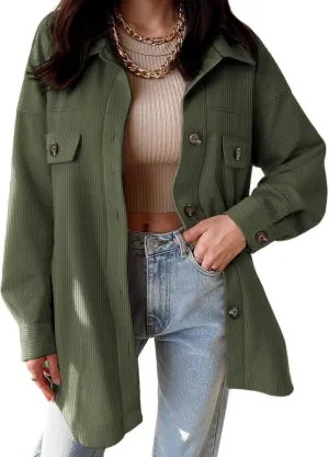 VICHYIE Womens Corduroy Shacket Blouses Button Down Shirts Pocket Long Sleeves Tops Jacket Coats