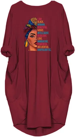 WbJetr Black Woman Beautiful Magic Printed Loose Pocket Oversize Tunic T-Shirt Dress