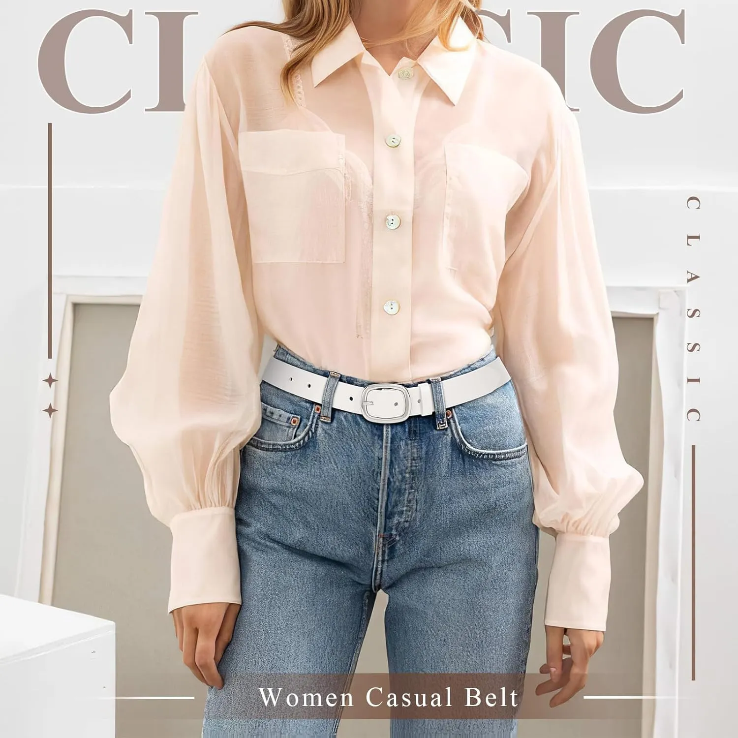 WHIPPY Women Leather Belt Casual Fashion Gold Buckle Leather Waist Belt for Jeans Pants Dresses Chic Ladies Belt