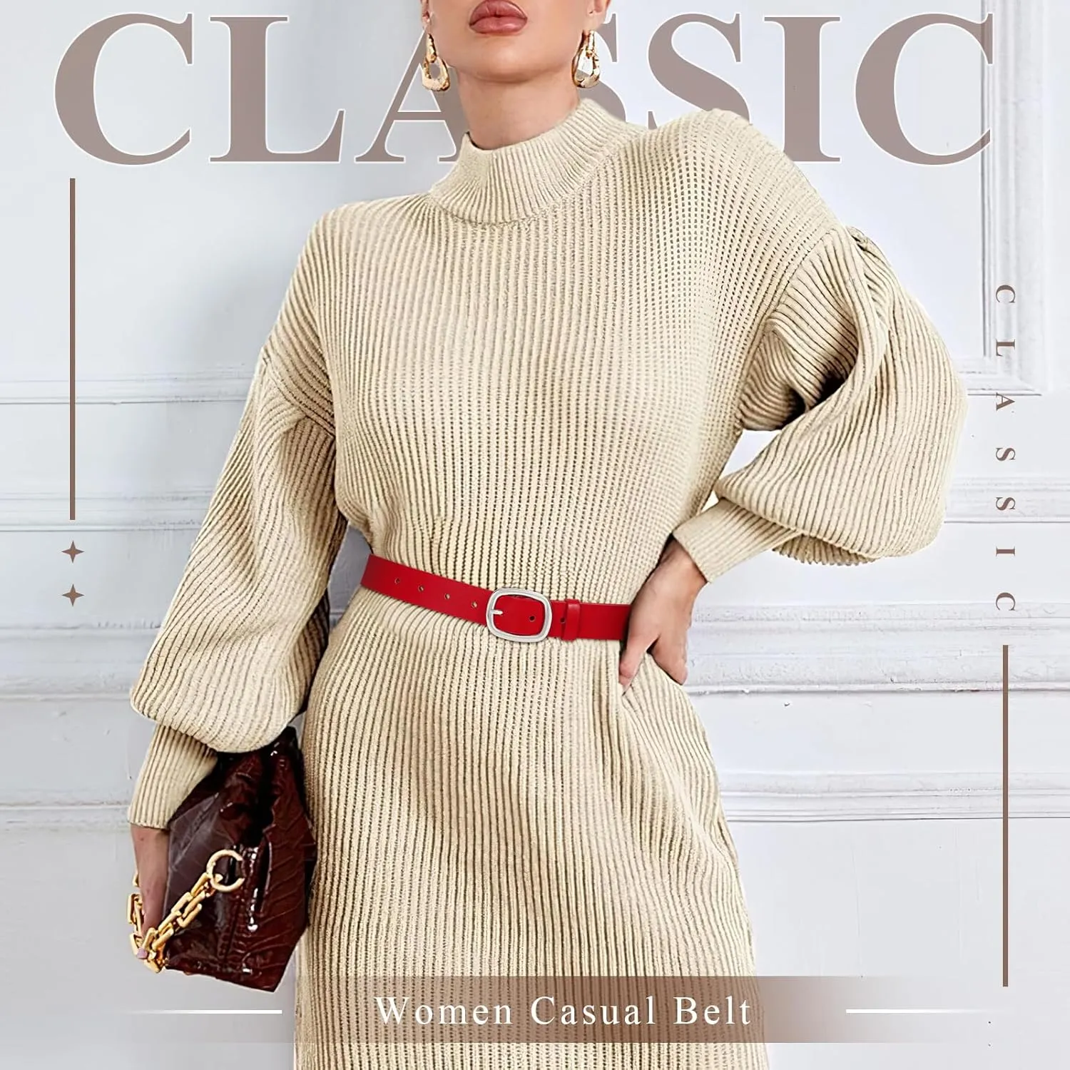 WHIPPY Women Leather Belt Casual Fashion Gold Buckle Leather Waist Belt for Jeans Pants Dresses Chic Ladies Belt