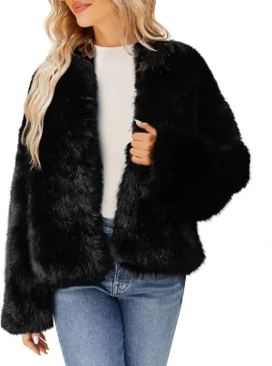 Winter Fluffy Faux Fur Jacket With Inner Lining Long Sleeve Open Front Cropped Cardigan Casual Fluffy Short Coat for Women
