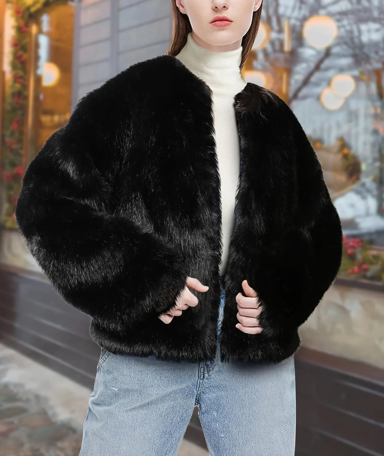 Winter Fluffy Faux Fur Jacket With Inner Lining Long Sleeve Open Front Cropped Cardigan Casual Fluffy Short Coat for Women
