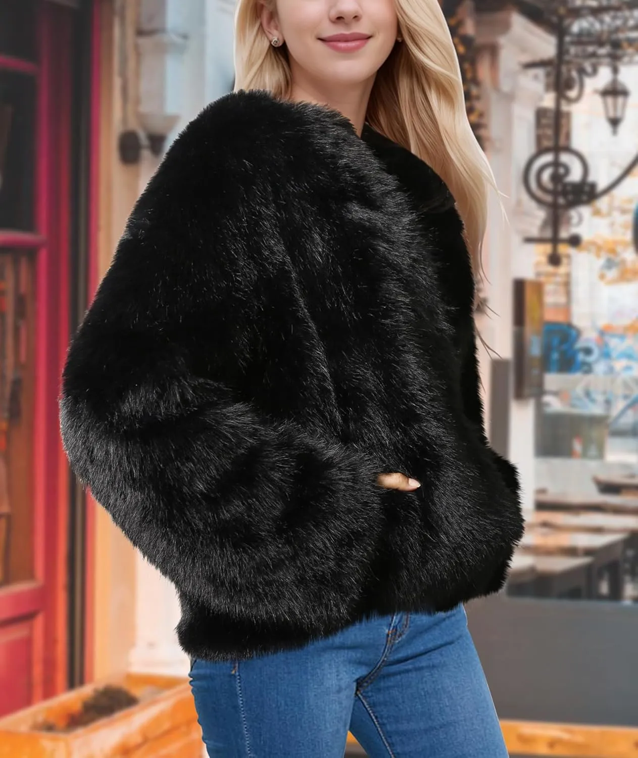 Winter Fluffy Faux Fur Jacket With Inner Lining Long Sleeve Open Front Cropped Cardigan Casual Fluffy Short Coat for Women