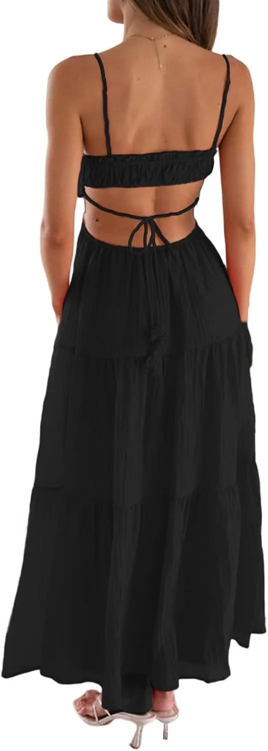 Women Summer Casual Maxi Dress Boho Dress Sleevelss Tie up Flowy Dress Cutout Long Dress Vacation Beach Dress