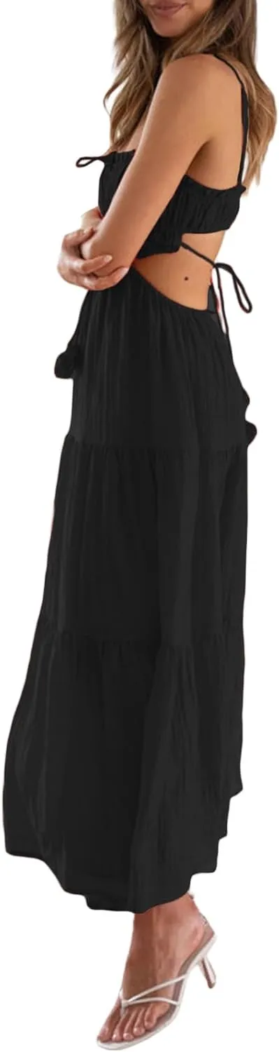 Women Summer Casual Maxi Dress Boho Dress Sleevelss Tie up Flowy Dress Cutout Long Dress Vacation Beach Dress