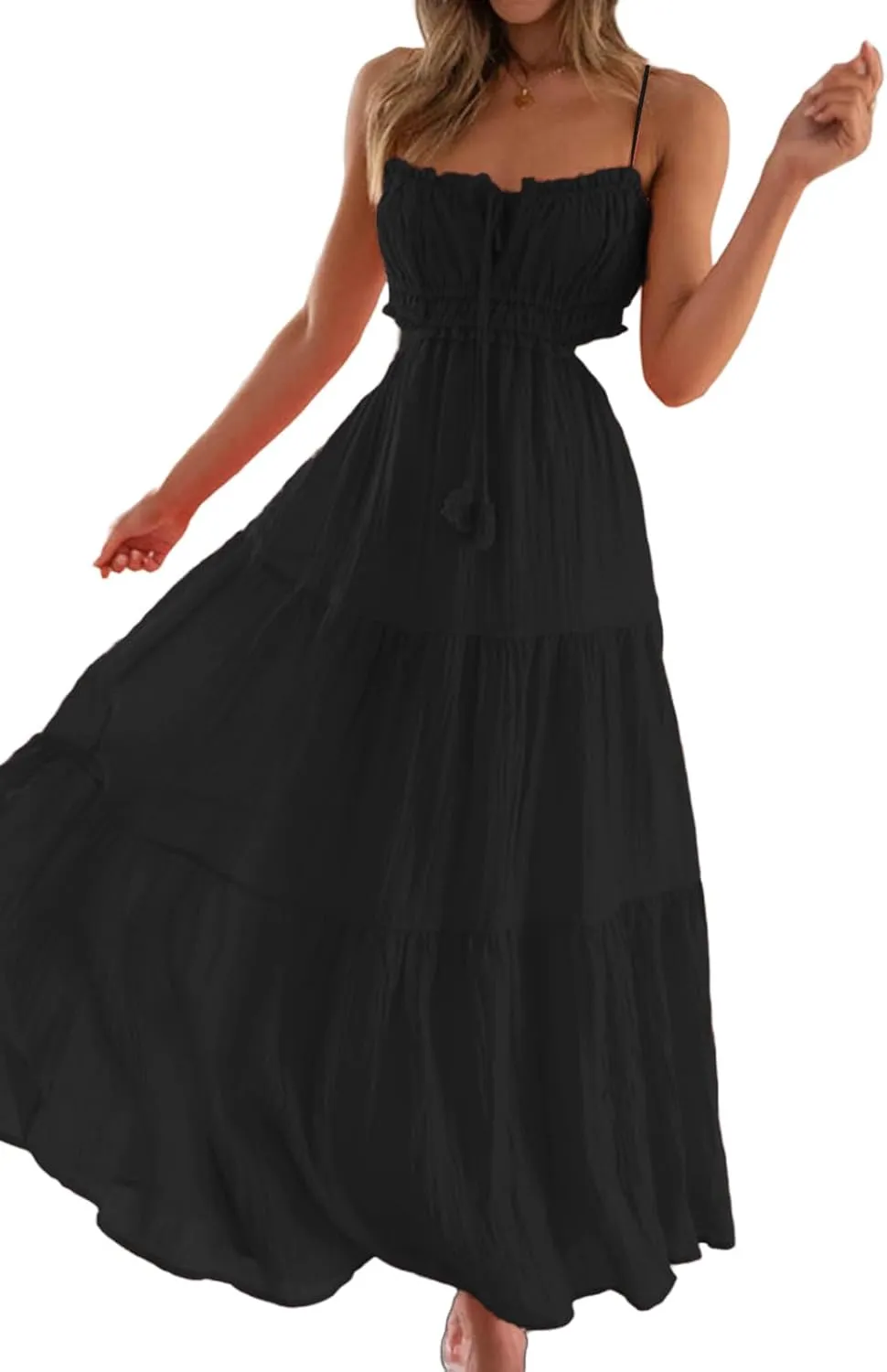 Women Summer Casual Maxi Dress Boho Dress Sleevelss Tie up Flowy Dress Cutout Long Dress Vacation Beach Dress