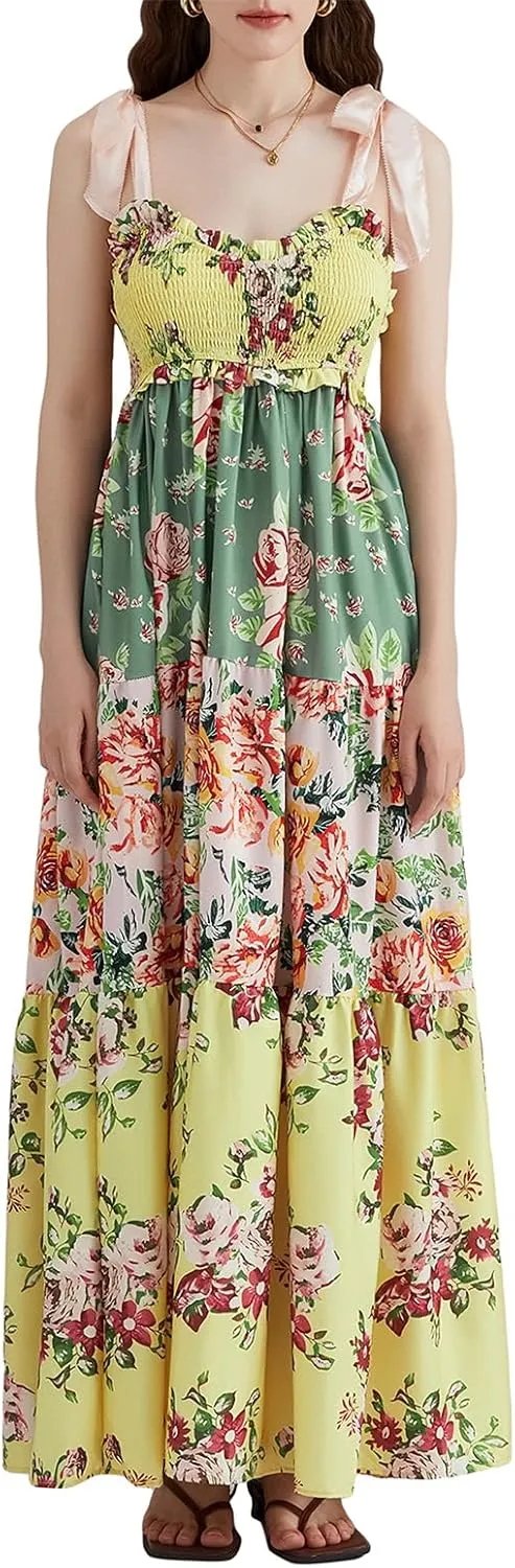 Women Summer Casual Maxi Dress Boho Dress Sleevelss Tie up Flowy Dress Cutout Long Dress Vacation Beach Dress