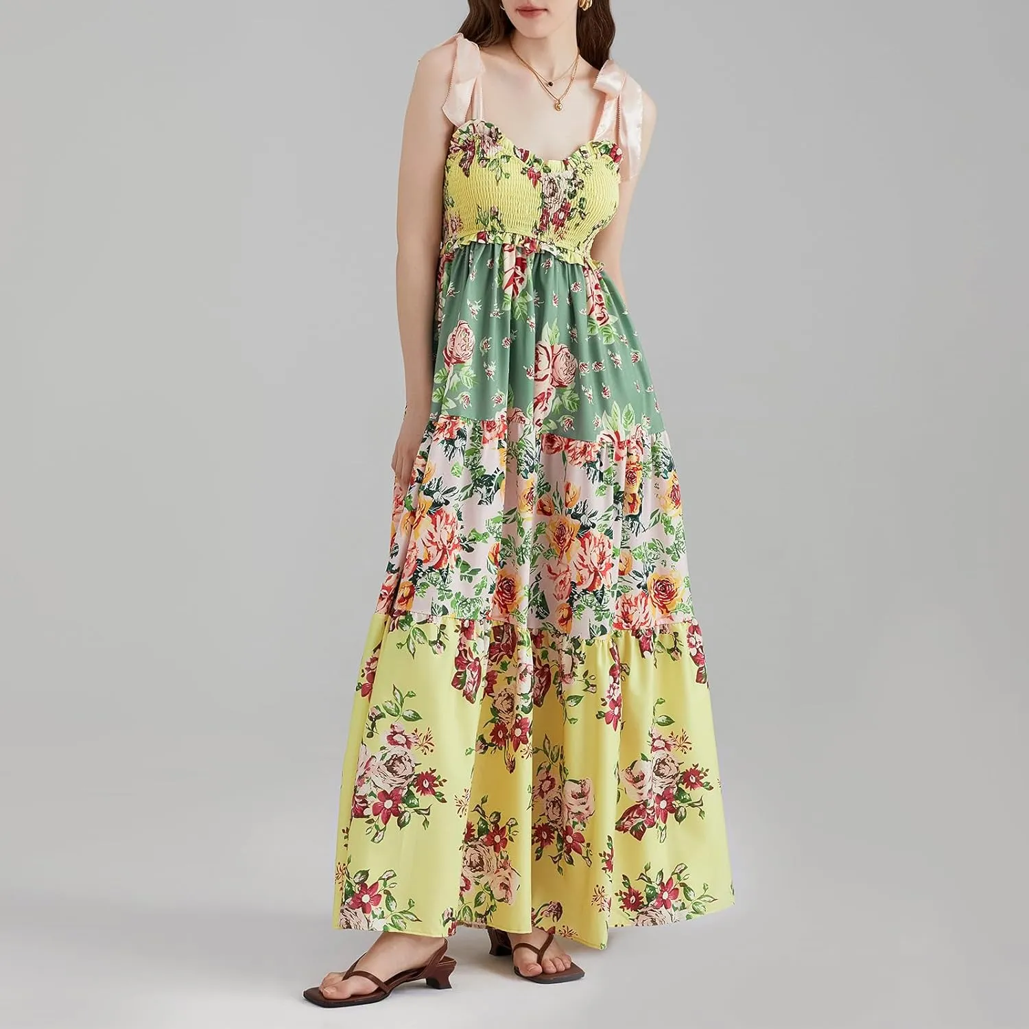 Women Summer Casual Maxi Dress Boho Dress Sleevelss Tie up Flowy Dress Cutout Long Dress Vacation Beach Dress