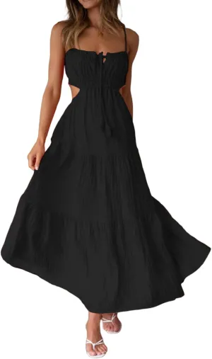 Women Summer Casual Maxi Dress Boho Dress Sleevelss Tie up Flowy Dress Cutout Long Dress Vacation Beach Dress