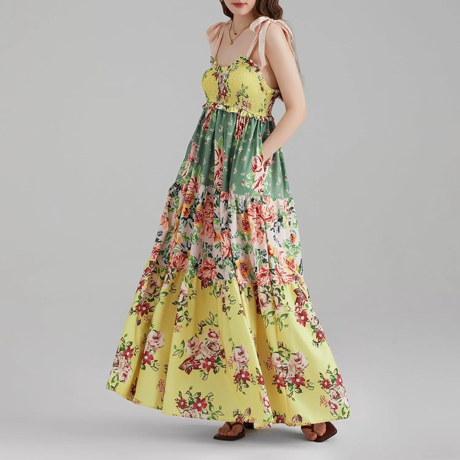 Women Summer Casual Maxi Dress Boho Dress Sleevelss Tie up Flowy Dress Cutout Long Dress Vacation Beach Dress