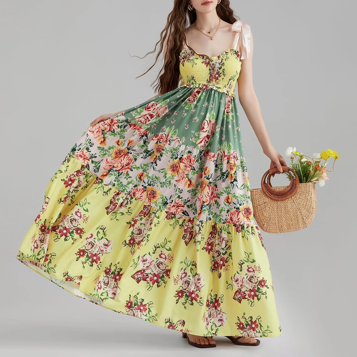 Women Summer Casual Maxi Dress Boho Dress Sleevelss Tie up Flowy Dress Cutout Long Dress Vacation Beach Dress