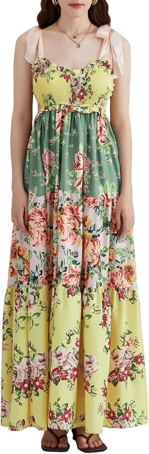 Women Summer Casual Maxi Dress Boho Dress Sleevelss Tie up Flowy Dress Cutout Long Dress Vacation Beach Dress