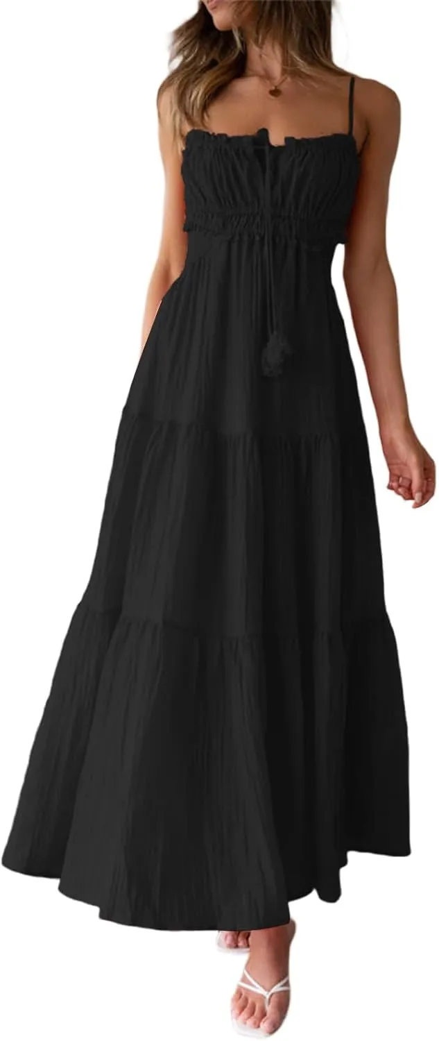 Women Summer Casual Maxi Dress Boho Dress Sleevelss Tie up Flowy Dress Cutout Long Dress Vacation Beach Dress