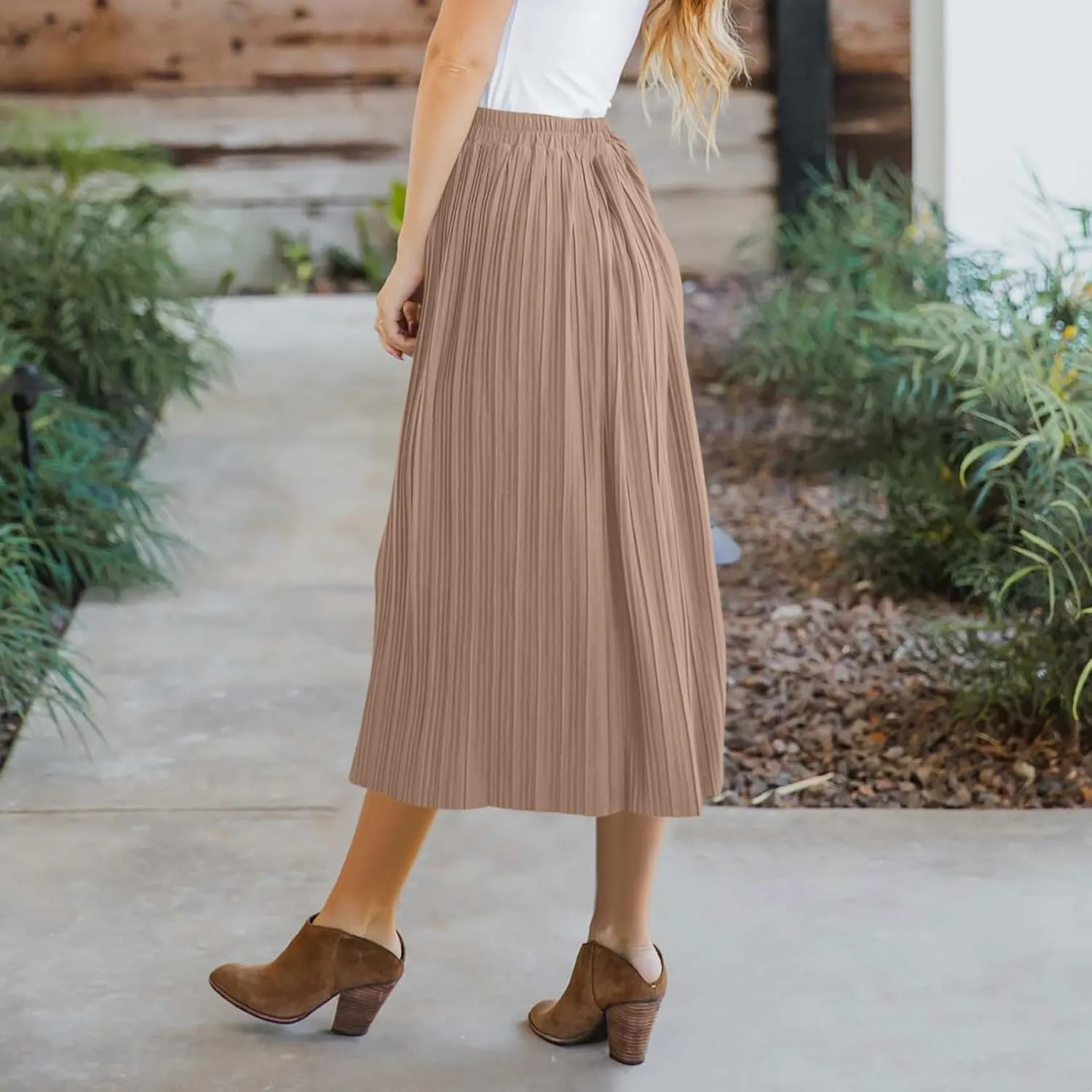 Women's Casual Elastic High Waisted Button Decor Skirt A-Line Pleated Flowy Beach Vacation Midi Long Skirts