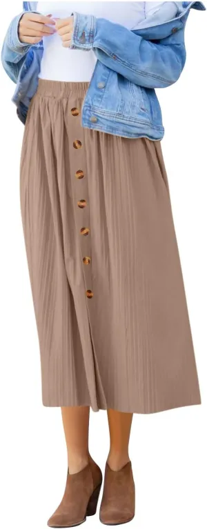 Women's Casual Elastic High Waisted Button Decor Skirt A-Line Pleated Flowy Beach Vacation Midi Long Skirts