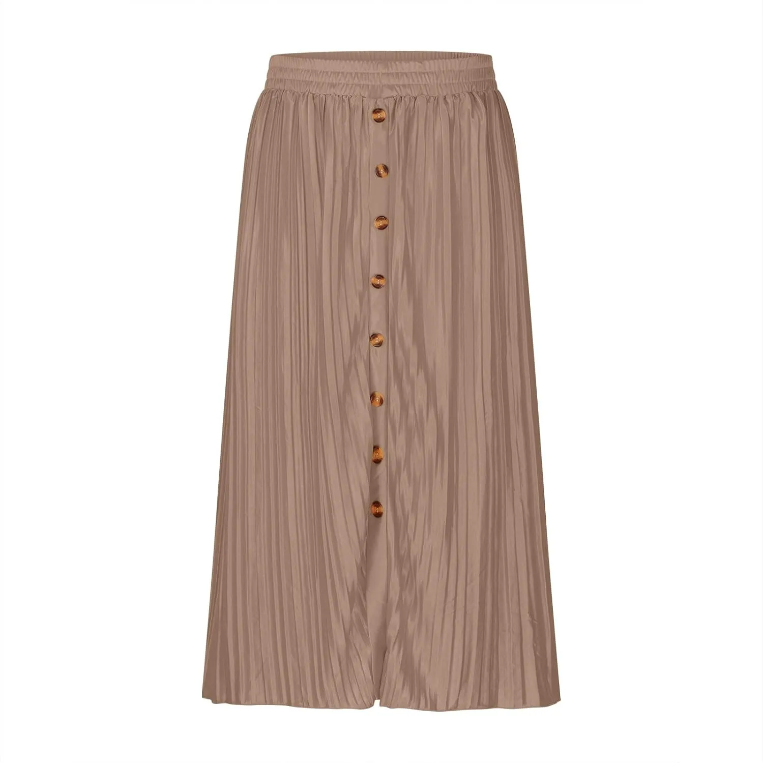 Women's Casual Elastic High Waisted Button Decor Skirt A-Line Pleated Flowy Beach Vacation Midi Long Skirts