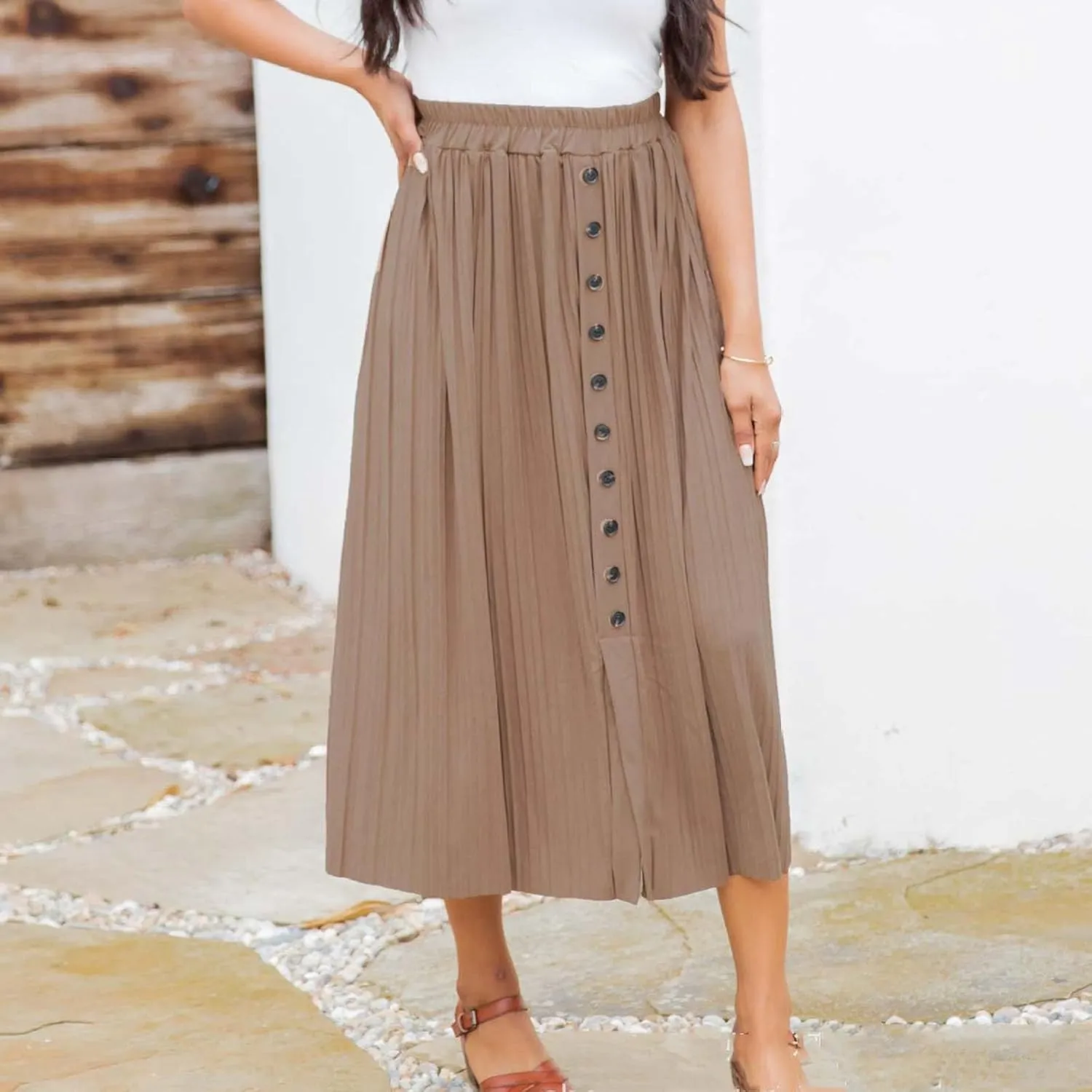 Women's Casual Elastic High Waisted Button Decor Skirt A-Line Pleated Flowy Beach Vacation Midi Long Skirts
