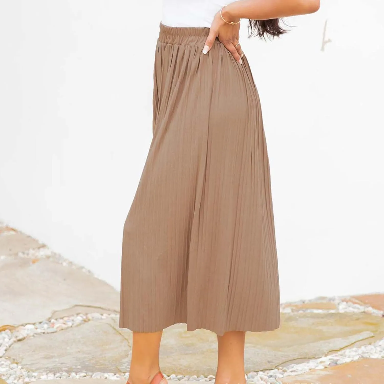Women's Casual Elastic High Waisted Button Decor Skirt A-Line Pleated Flowy Beach Vacation Midi Long Skirts