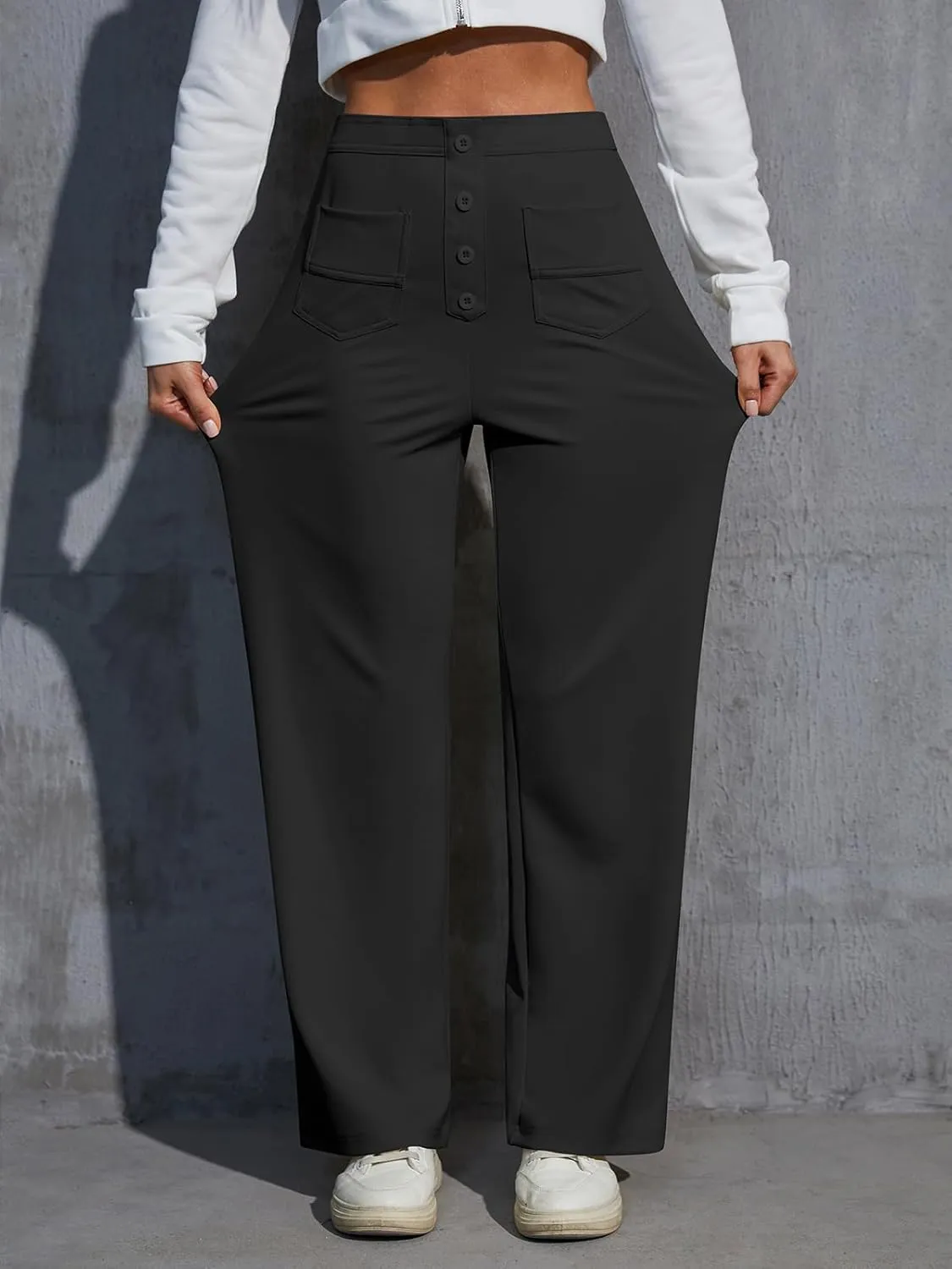 Womens High Waist Wide Leg Pants Casual Pants for Women Stretchy Business Dress Work Pocket Trousers Pant