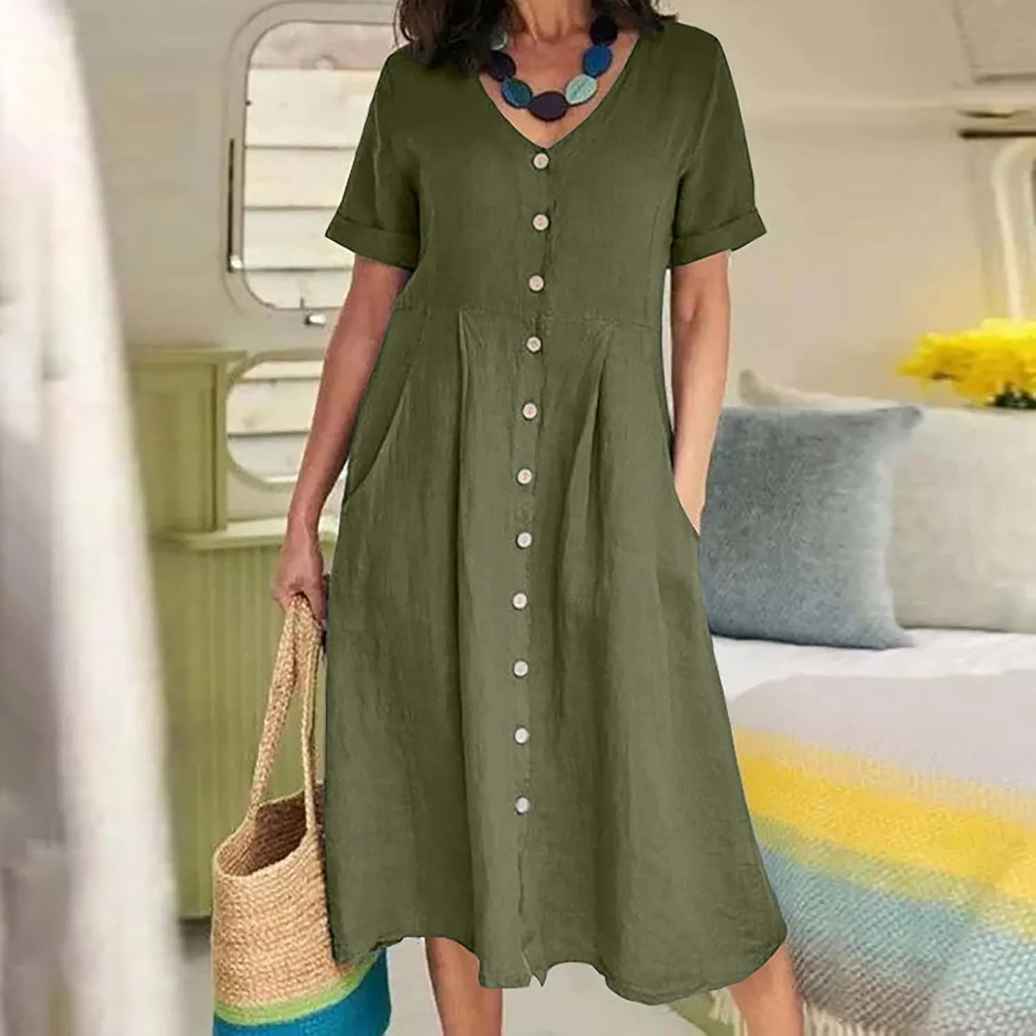 Womens Plus Size Cotton Linen Summer Dress Casual V-Neck Solid Short Sleeve Button Pocket T-Shirt Dress