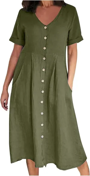 Womens Plus Size Cotton Linen Summer Dress Casual V-Neck Solid Short Sleeve Button Pocket T-Shirt Dress