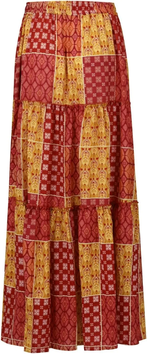 Women's Skirts Womens Summer Paisley Print Maxi Skirts Casual Elastic High Waist Pleated Flowy Ruffle Long Skirt